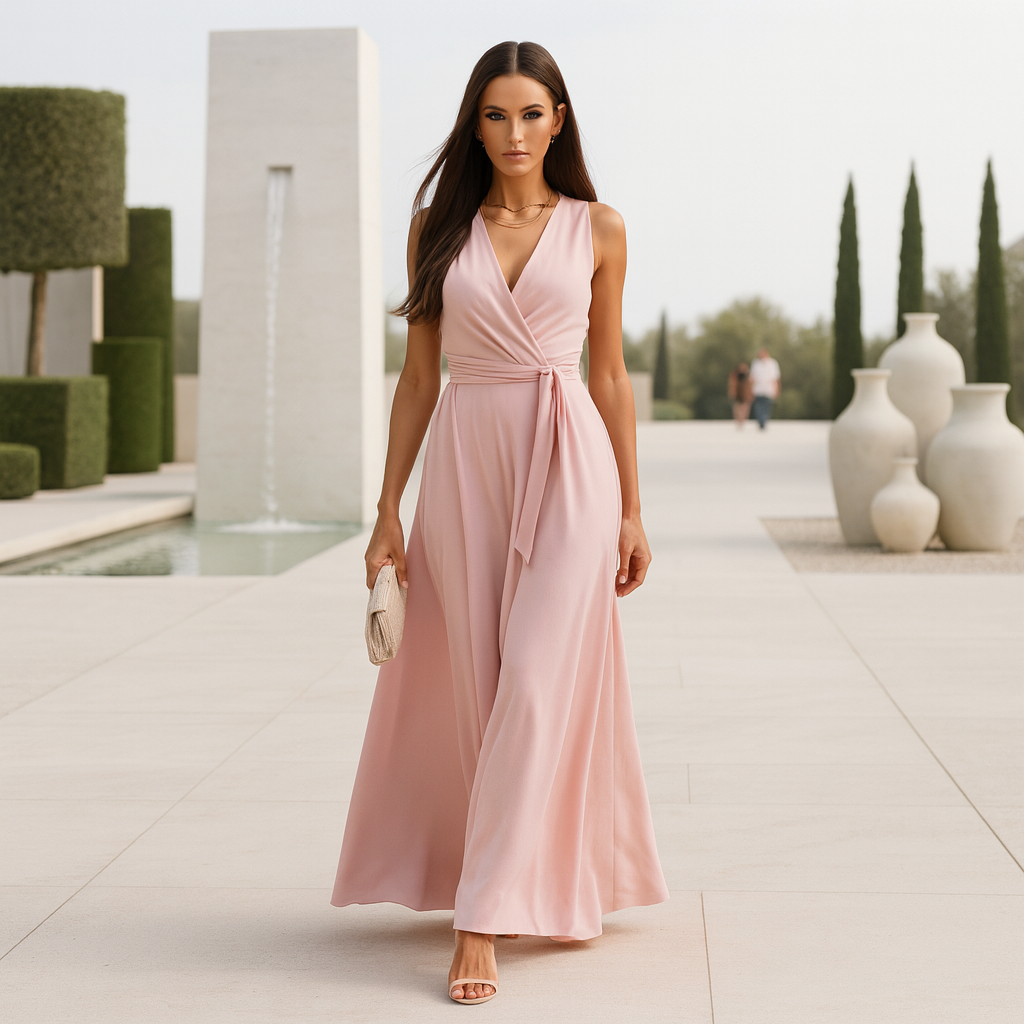 Damen Maxi-Abendkleid – V-Ausschnitt, Fliessend & Zeitlos Elegant