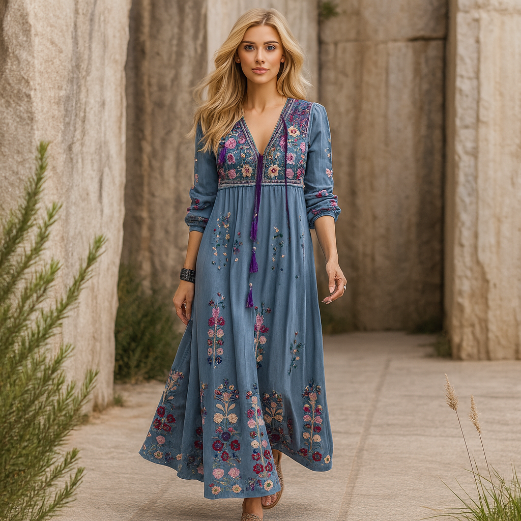 Damen Boho Maxikleid – Bestickt, Fransen & Leicht für Alltag & Festival