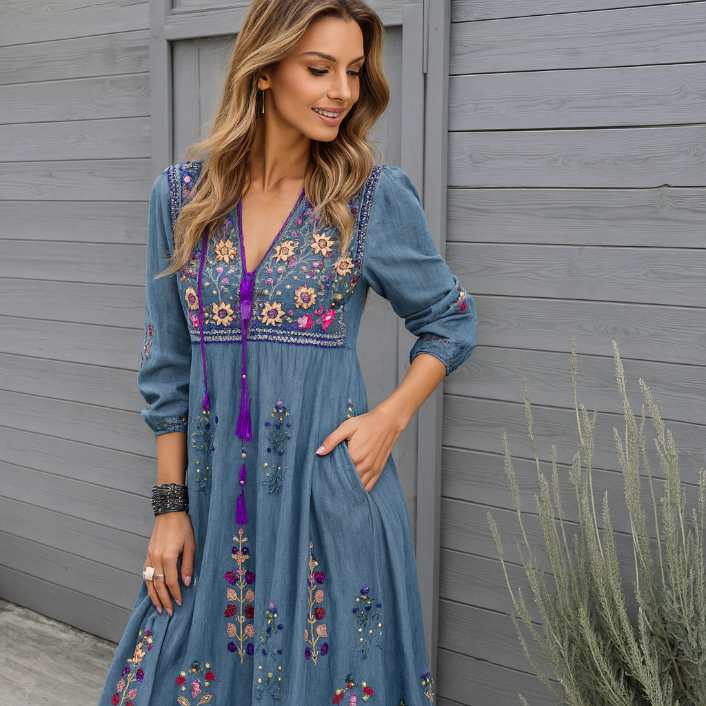 Damen Boho Maxikleid – Bestickt, Fransen & Leicht für Alltag & Festival