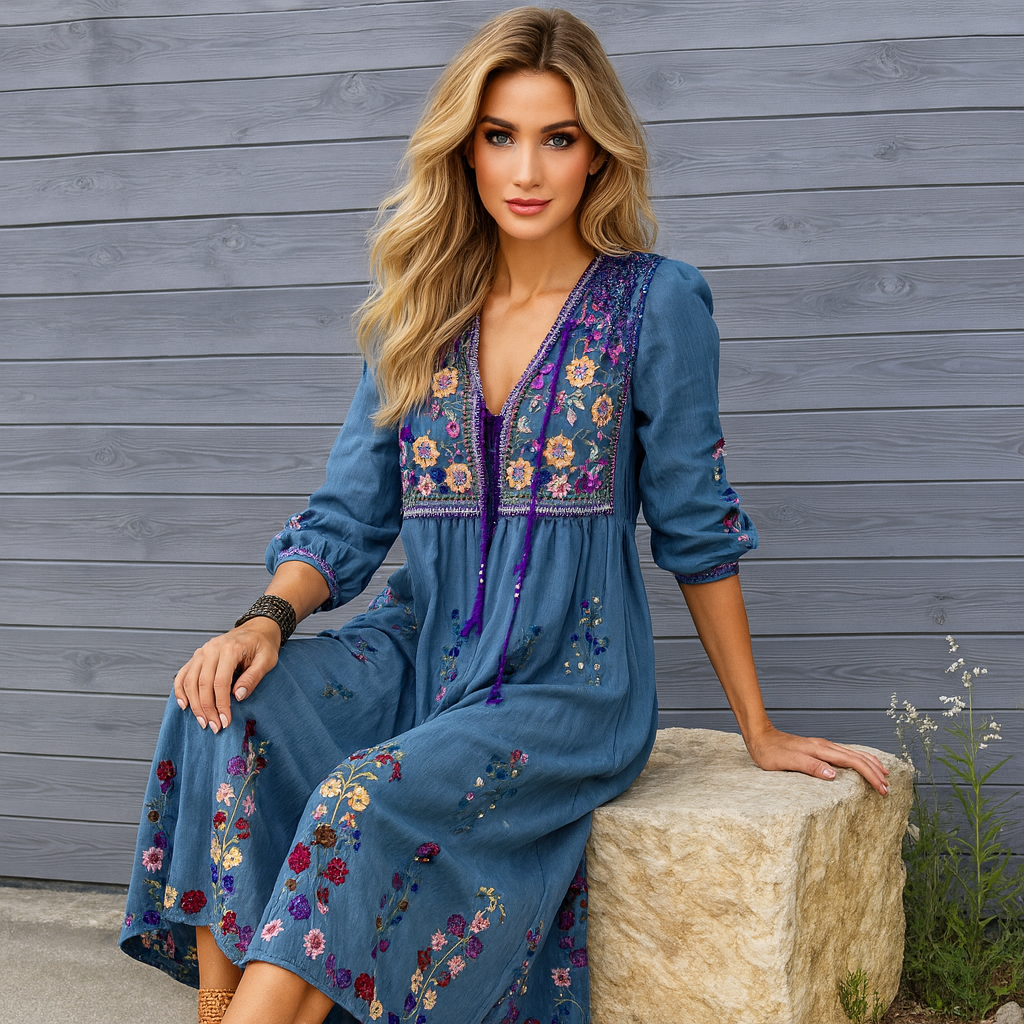 Damen Boho Maxikleid – Bestickt, Fransen & Leicht für Alltag & Festival