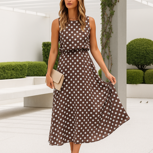 Damen Maxi-Abendkleid – Tupfenmuster, Ärmellos & Zeitlos Elegant