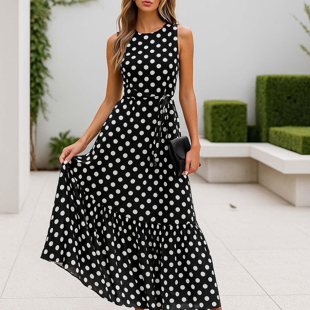 Damen Maxi-Abendkleid – Tupfenmuster, Ärmellos & Zeitlos Elegant