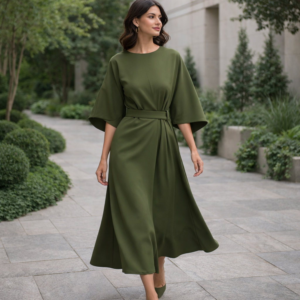 Paulien | Damen Midi-Kleid – Gürtel, Dreiviertellärmel & Zeitlos Elegant