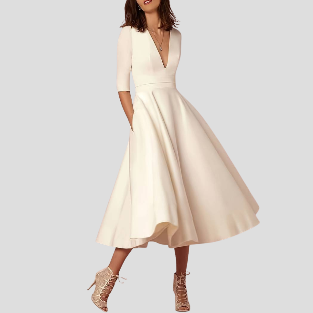 Damen Maxi-Sommerkleid – V-Ausschnitt, Bindegürtel & Seitentaschen