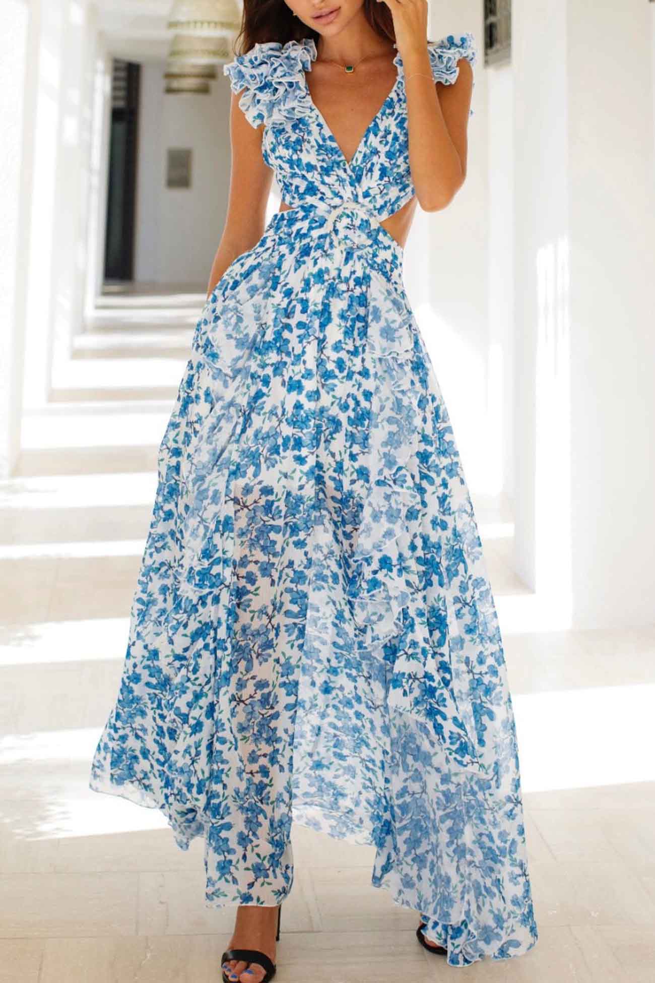 Damen Langes Blumenmuster-Kleid – V-Ausschnitt, Rüschenärmel & Romantisch