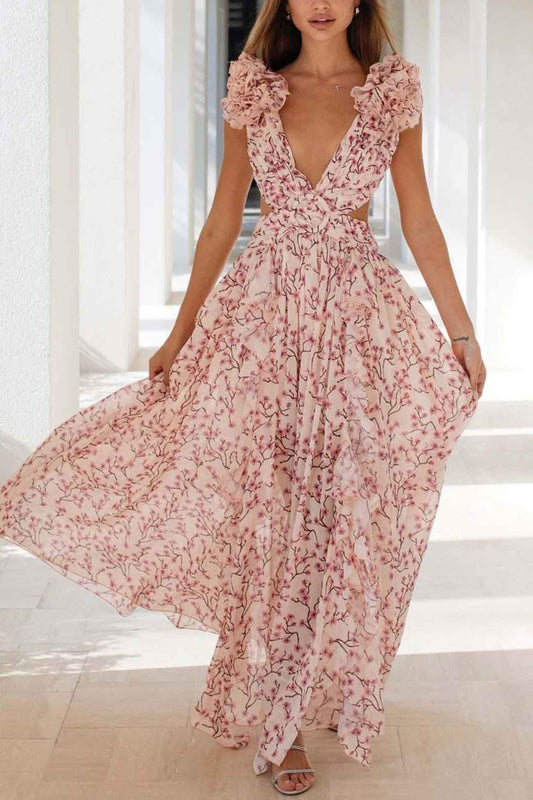 Damen Langes Blumenmuster-Kleid – V-Ausschnitt, Rüschenärmel & Romantisch