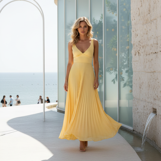 Damen Maxi-Abendkleid – A-Linie, Plissierter Rock, V-Ausschnitt & Leicht