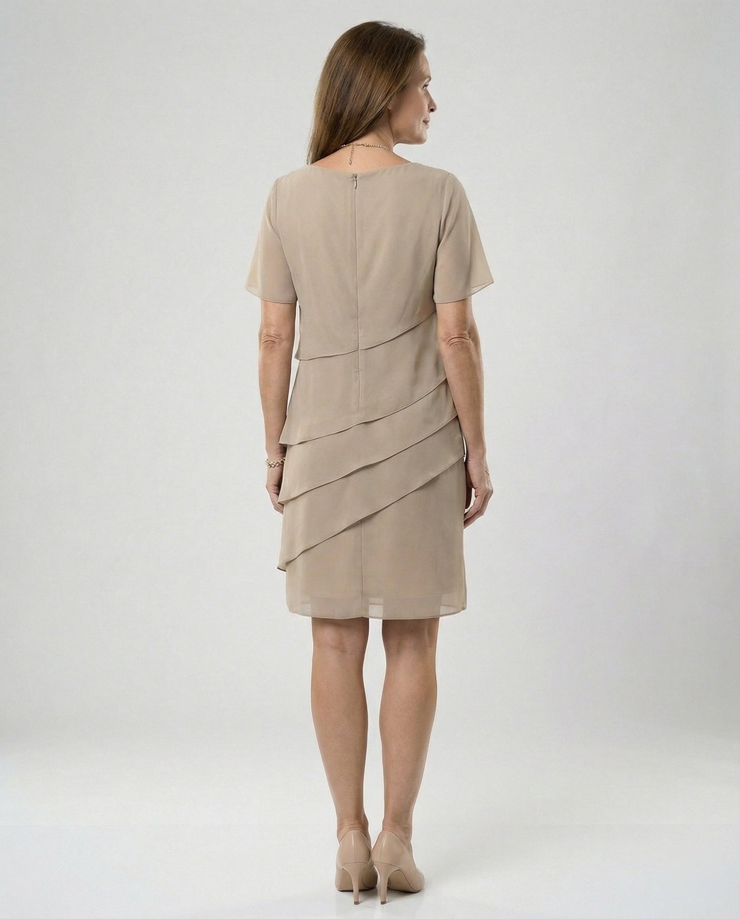 Damen Chiffonkleid – Stufenlagen, Kurzarm & Knielang