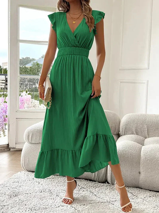 Damen Maxi-Abendkleid – Rüschenärmel, Geraffter Taille & V-Ausschnitt